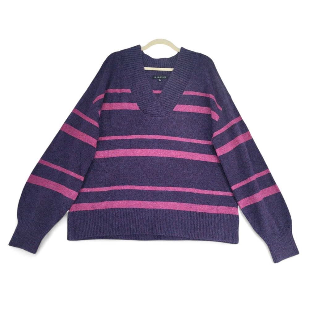 Love Ellie Womens XL Sweater Acrylic Purple Pink Striped V Neck Cozy Knit Soft